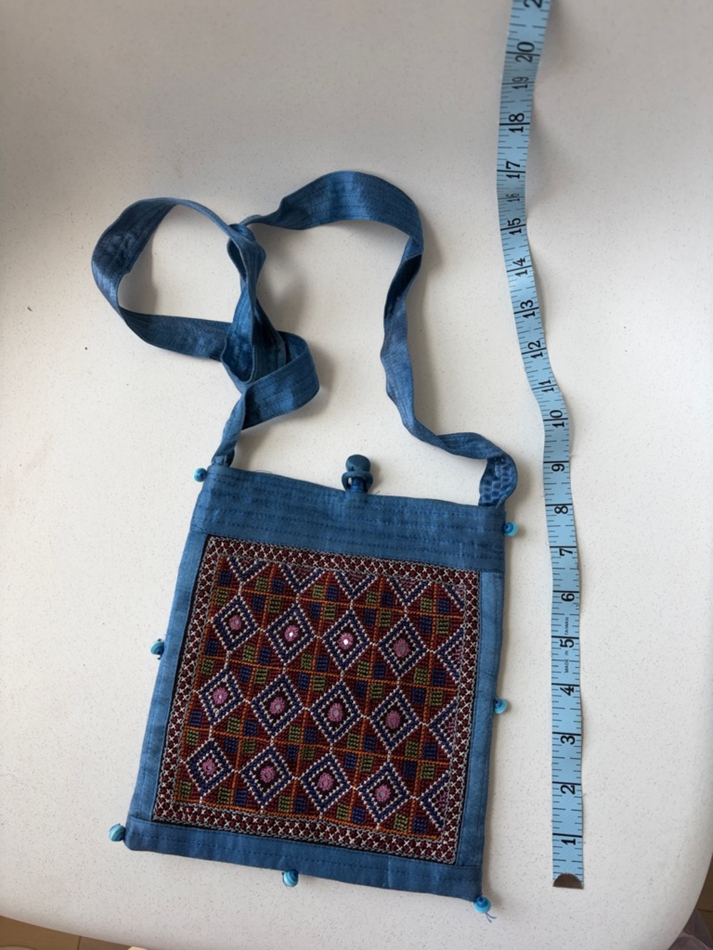 Vintage Blue Embroidered Crossbody Bag with Multicolor Pattern
